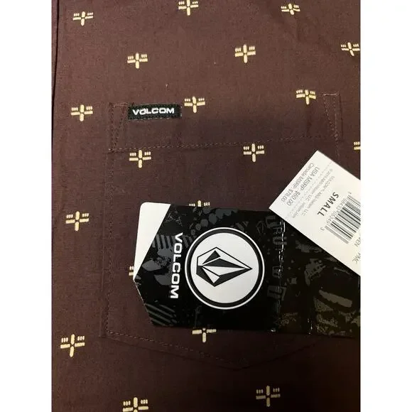 VOLCOM Warbler Short Sleeve Size‎ S Woven Button Up Shirt Brown NWT MSRP $60 - Picture 7 of 9